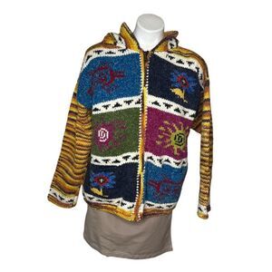 HAND CRAFTED Knit Sweater Hood Colorful Patchwork Full Zipper Patchwork Peruvian